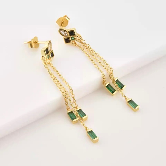 GOLD PLATED STERLING SILVER ART DECO MID CENTURY MODERN EMERALD ONYX DANGLE - Picture 10 of 10